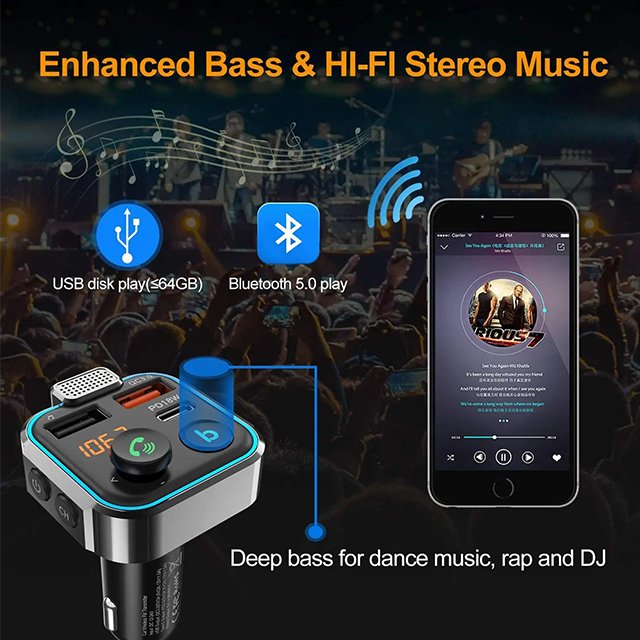 Car FM Transmitter Wireless BT5.0 Handsfree Car Kit Audio MP3 Player With Type-C PD 20W+ QC3.0 Fast USB FM Modulator