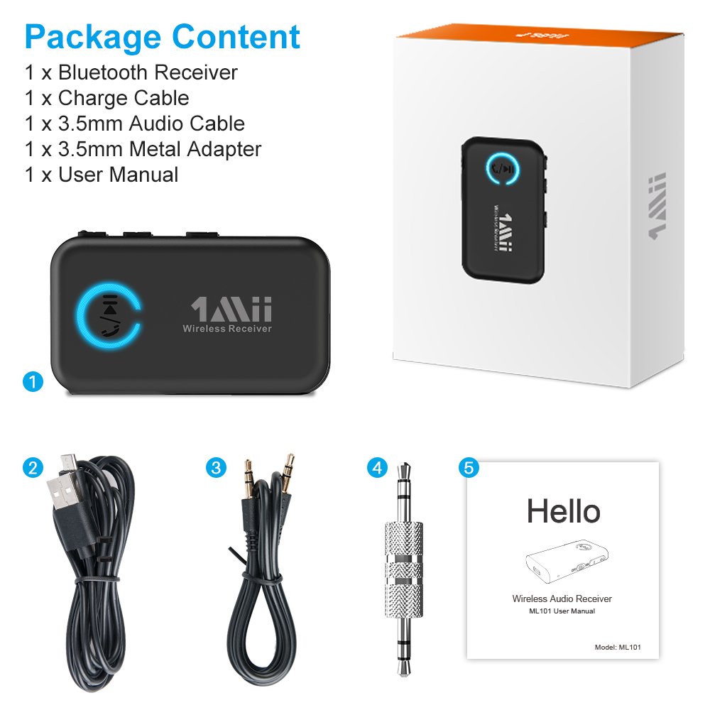1Mii Bluetooth 5.0 AUX Stereo Music Receiver 3.5mm AUX Car Bluetooth Audio Receiver Adapter with TSO, Support Handsfree Calling