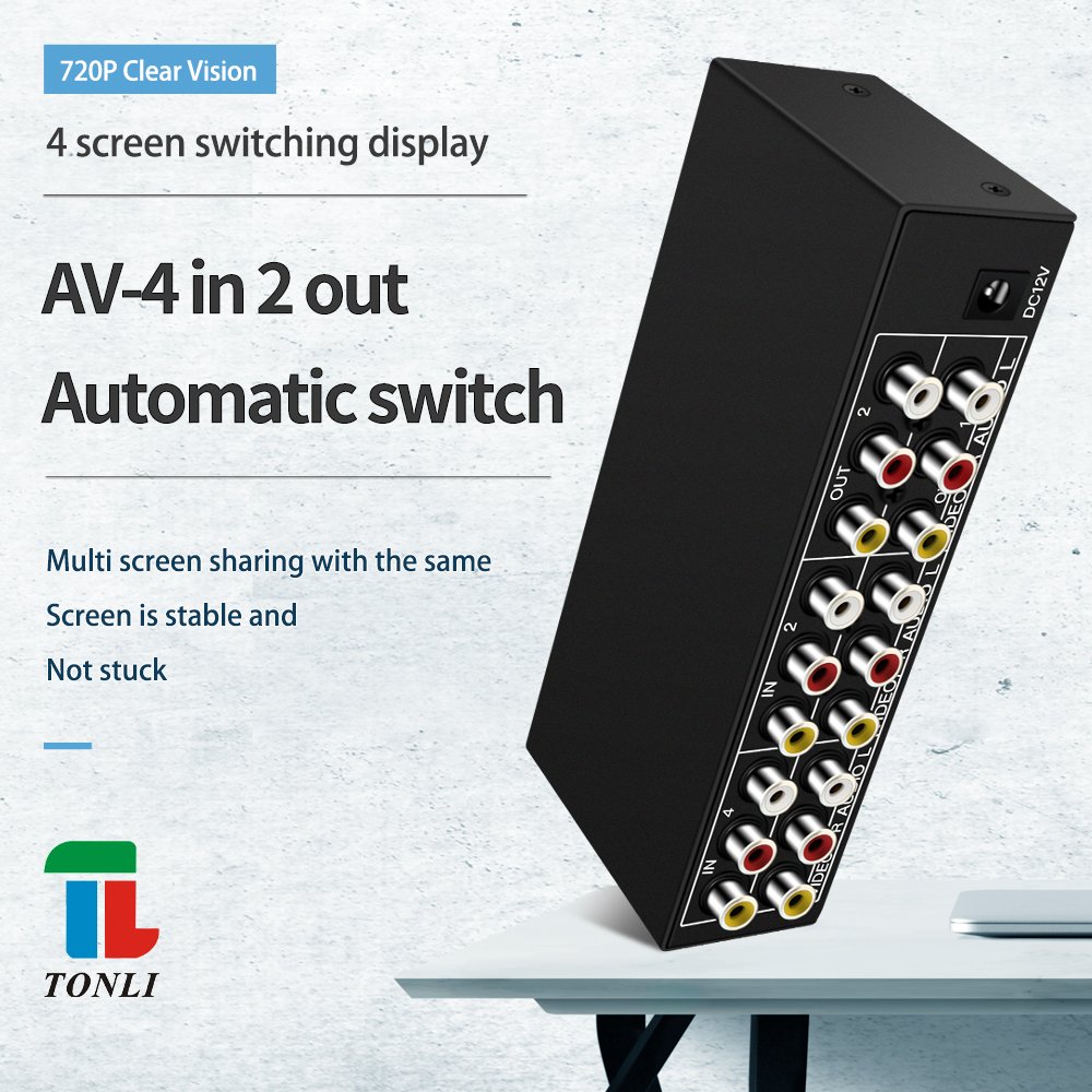 AV Video and Audio Automatic Switcher 4 in 2 Out Remote Control Selection Chip Switch 4port
