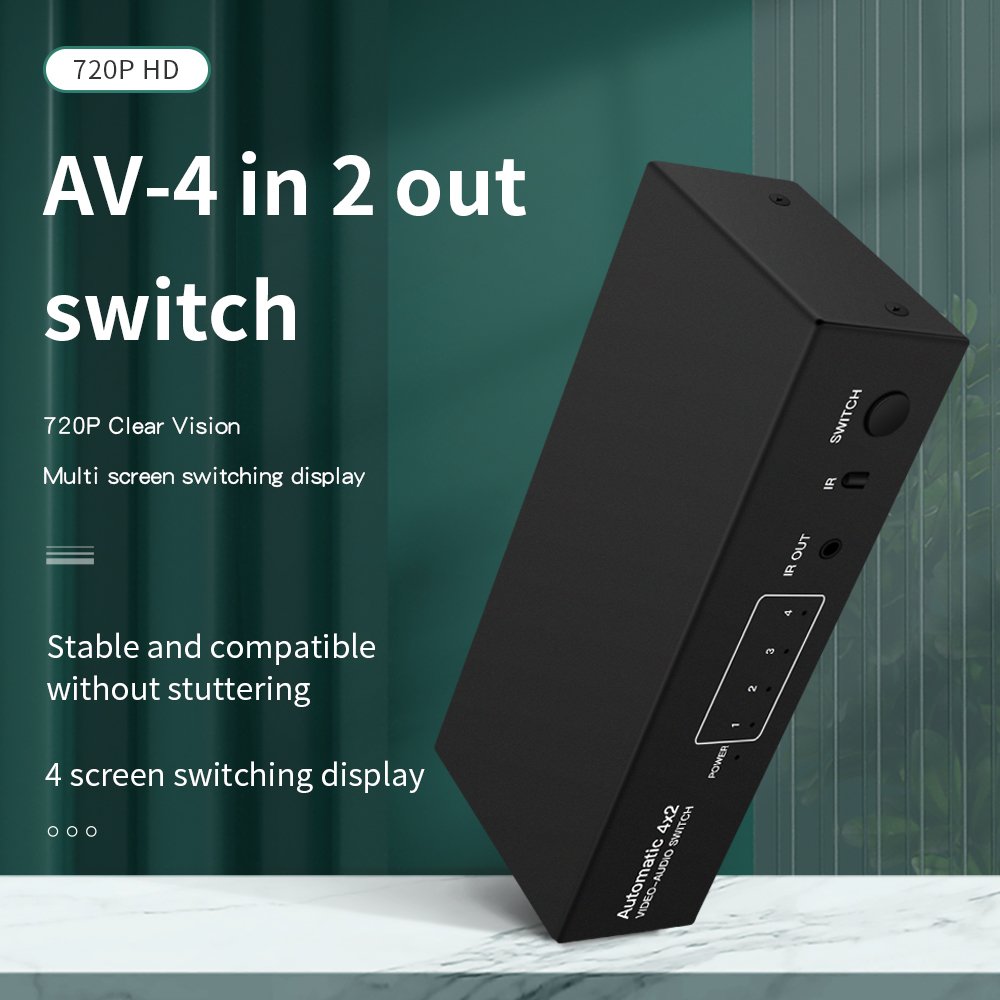 AV Video and Audio Automatic Switcher 4 in 2 Out Remote Control Selection Chip Switch 4port