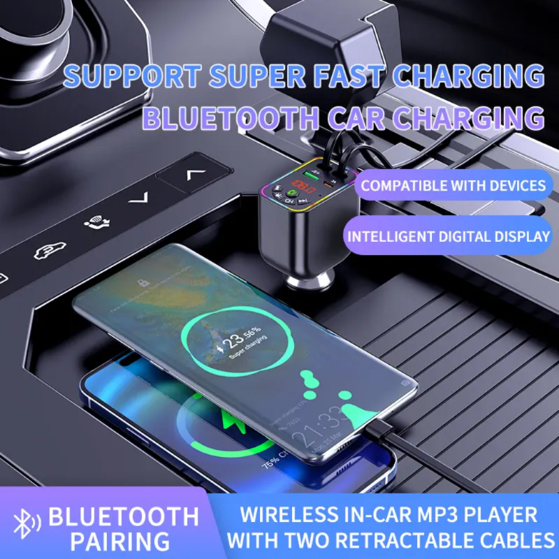 Retractable 120W Car Charger 4 In 1 Pd Super Fast Charging With Blue Tooth Type C Fm Transmitter Musical Audio Chargers Adapters