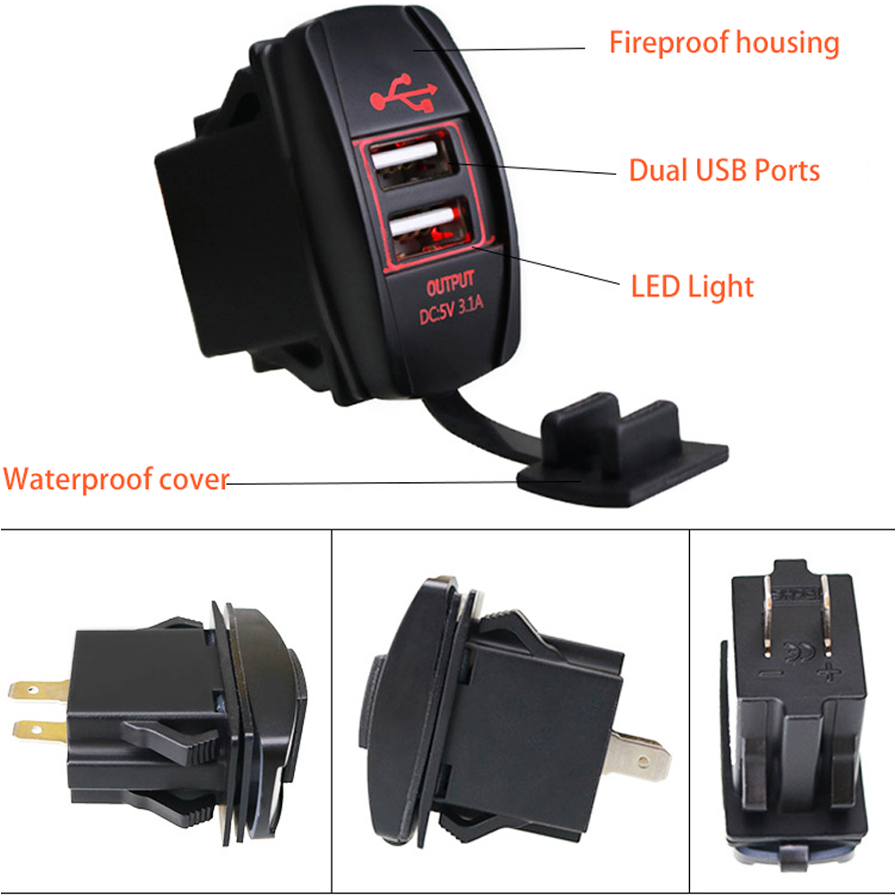 YichengTek A11 12V 24V 3.1A Rocker Switch Panel Mount Double Port Dual USB Charger Charging Socket