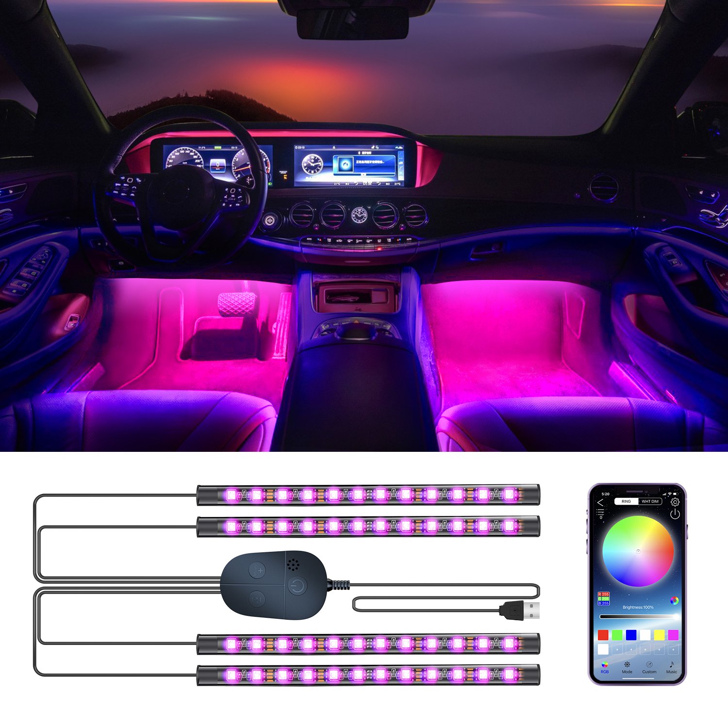 Factory Direct USB Charger Atmosphere Car Strip Lights DC5V With APP Wireless Control Ambient RGB Strip Lighting Kit in Car