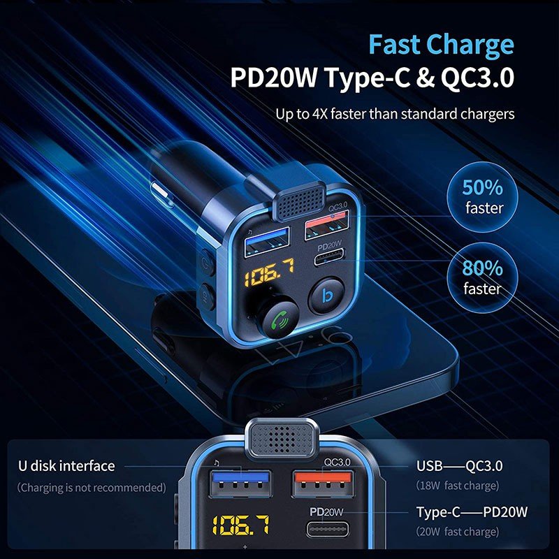 Bluetooth 5.3 QC3.0 Fast Charger Car MP3 Player Bluetooth Car Kit FM Transmitter