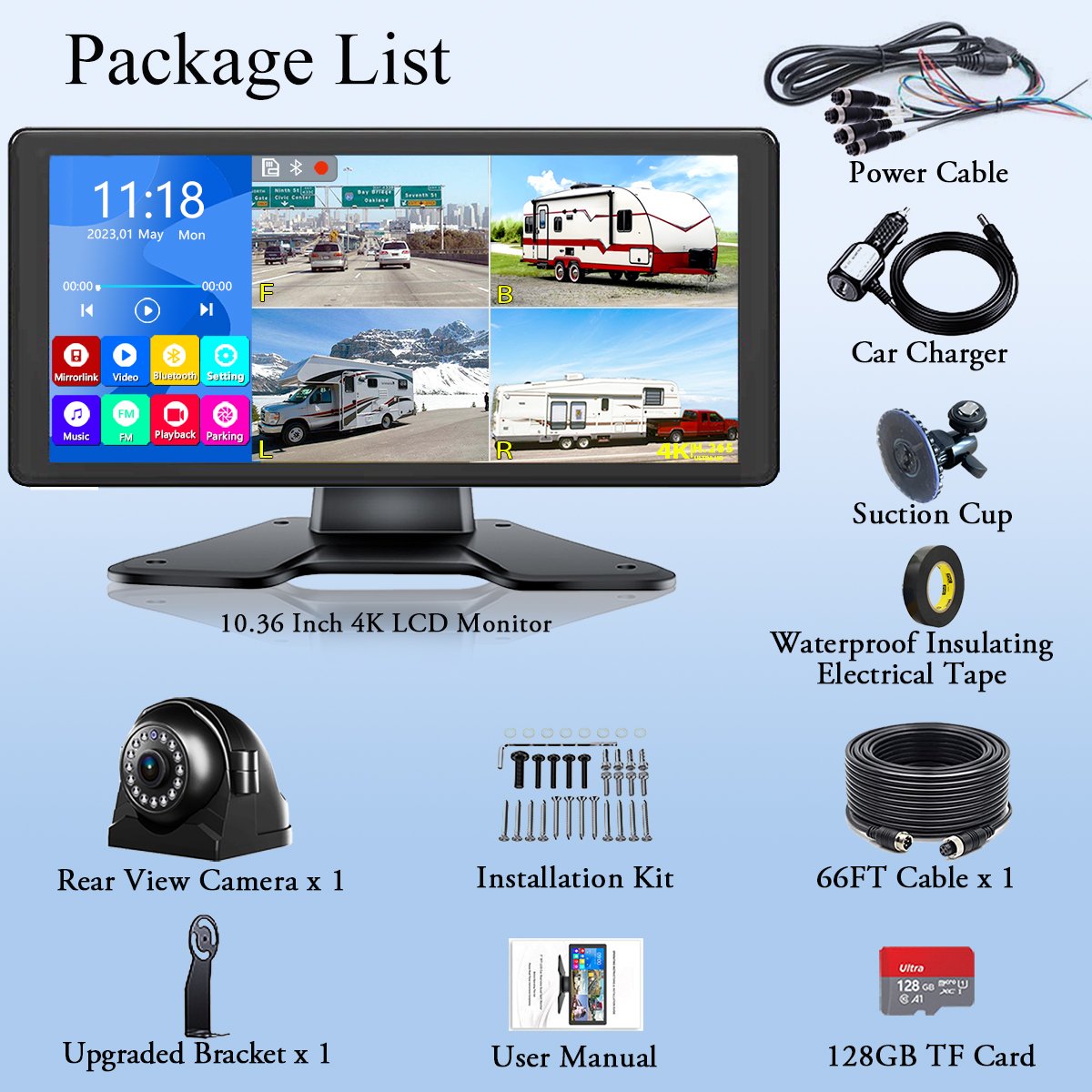 OEM/ODM 10.36" AHD 4CH Touch Screen Split Monitor DVR Mirror Link & Bluetooth Car Reversing Camera Kit for Truck Bus Van 9V~36V