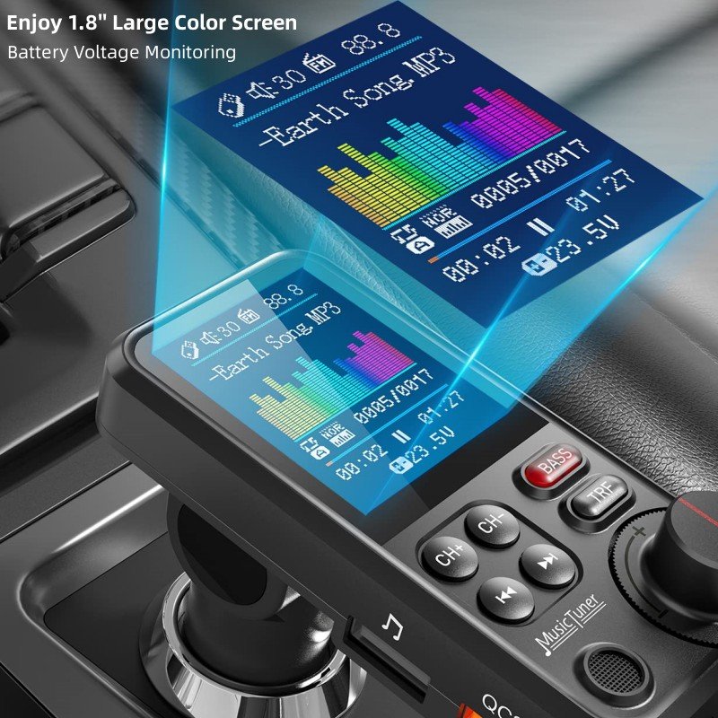 BT93 Bluetooth Car Kit with 1.8" Display QC3.0 Fast Charger Wireless Car MP3 Player Bass Treble FM Bluetooth Transmitter for Car