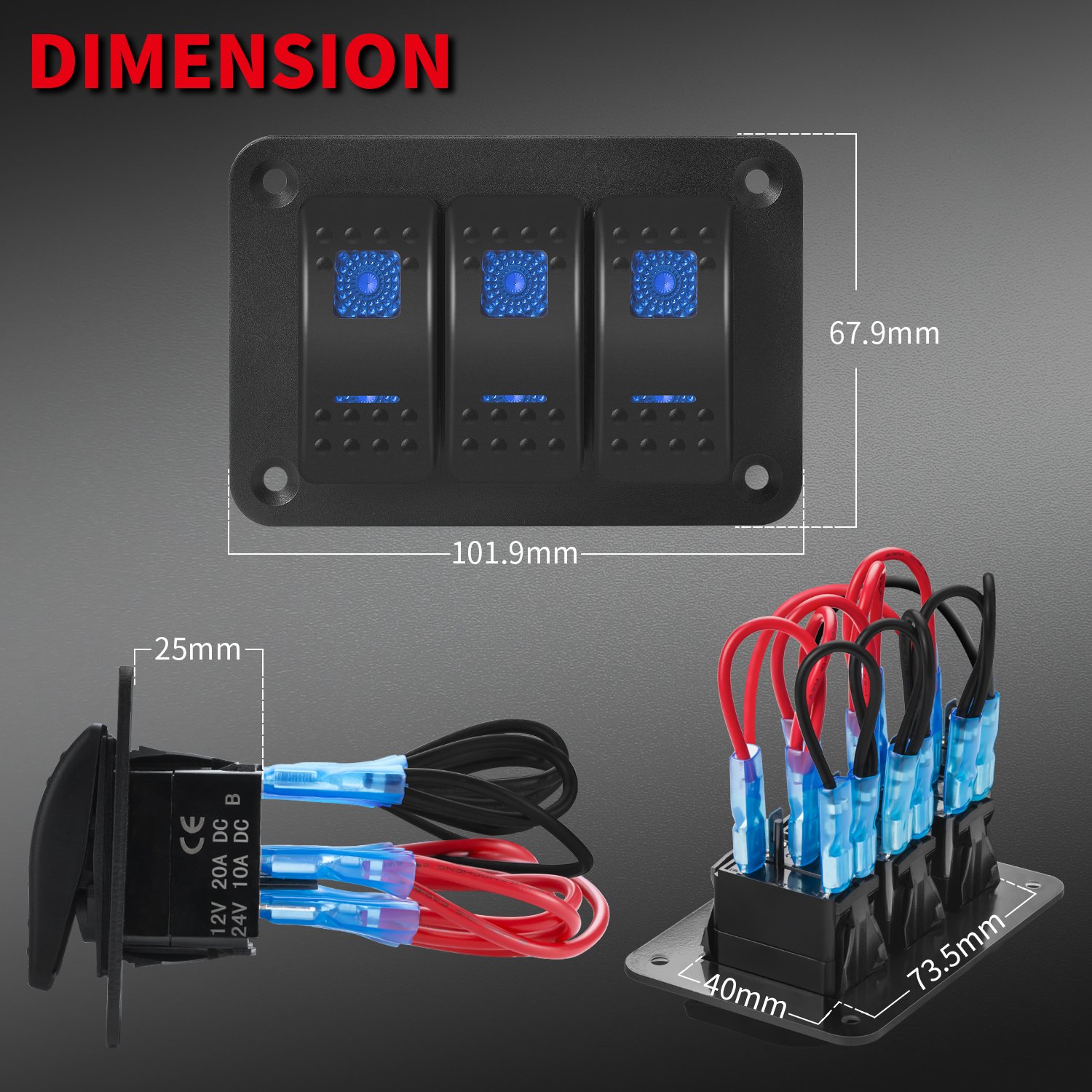 DaierTek On OFF SPST Waterproof Marine Switch Panel 12V Automotive Switch Panel 3 Gang Marine Switch Panel For Car Truck Boat RV