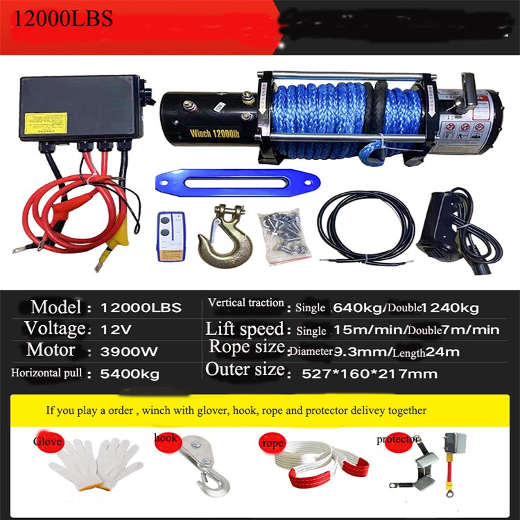 Popular Electric 12v/24v 2000lbs Heavy Winch for Vehicle Self-Rescue Single Steel Winch with Wire Rope Sling for Cars Cranes