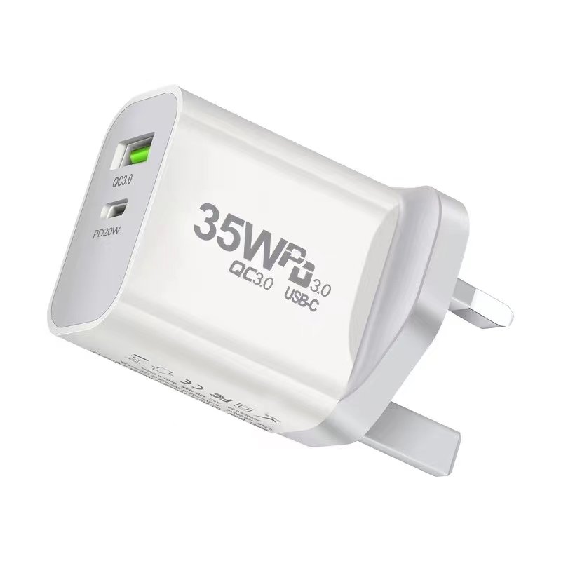 High Quality US/EU/UK/AU Dual Potrs 35W Fast USB C Wall Charger for iPhone 15/14/13/11 35W Usb Travel Charger for Samsung Galaxy