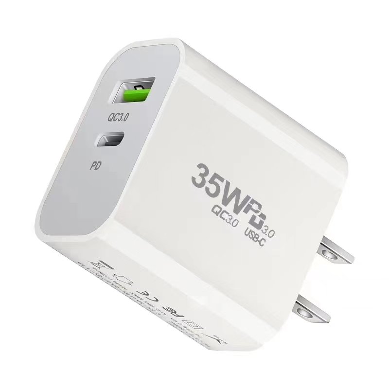 High Quality US/EU/UK/AU Dual Potrs 35W Fast USB C Wall Charger for iPhone 15/14/13/11 35W Usb Travel Charger for Samsung Galaxy