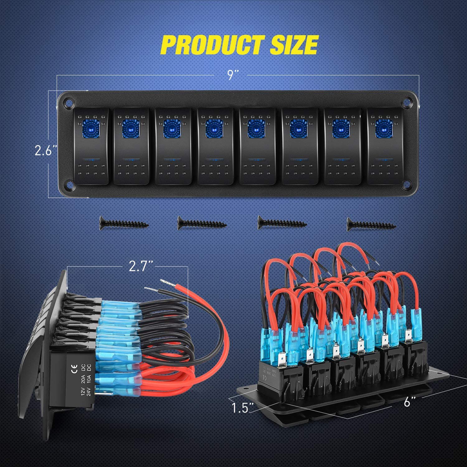 8 Gang Aluminum Rocker Switch Panel Toggle Dash 5 Pin ON/Off for Automotive Car Marine Boat RV