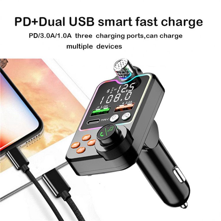 Car FM Transmitter Dual USB Car Charger PD Type-C Fast Charging Wireless Handsfree Call Audio Receiver MP3 Player