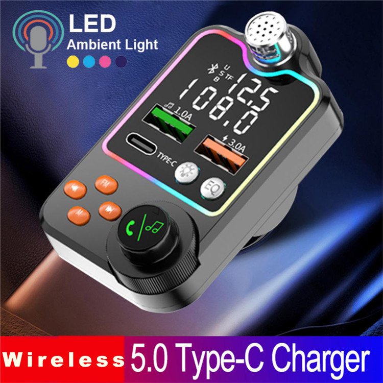 Car FM Transmitter Dual USB Car Charger PD Type-C Fast Charging Wireless Handsfree Call Audio Receiver MP3 Player