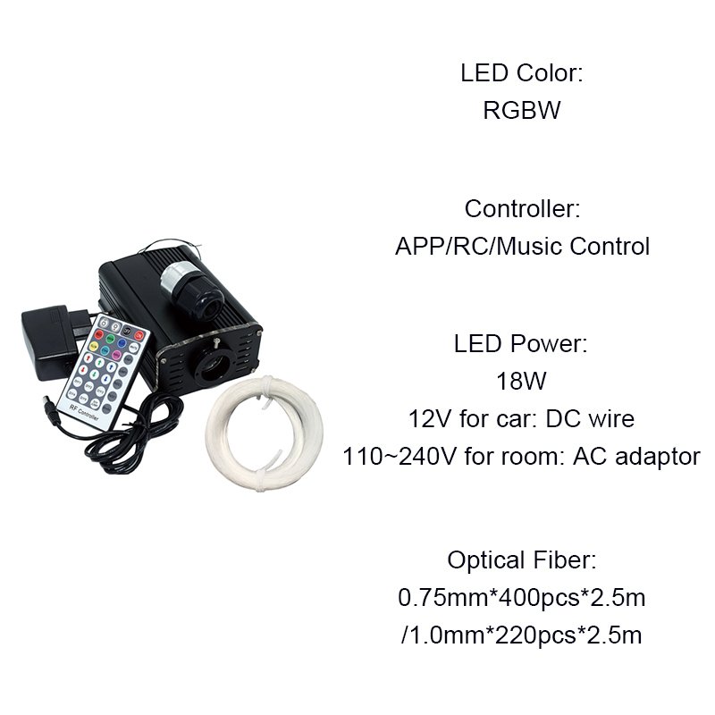 18W RGBW Twinkle Optical Fiber Car Roof Top Ceiling Star Light Starlight Headliner Kit with Bluetooth App Music Control