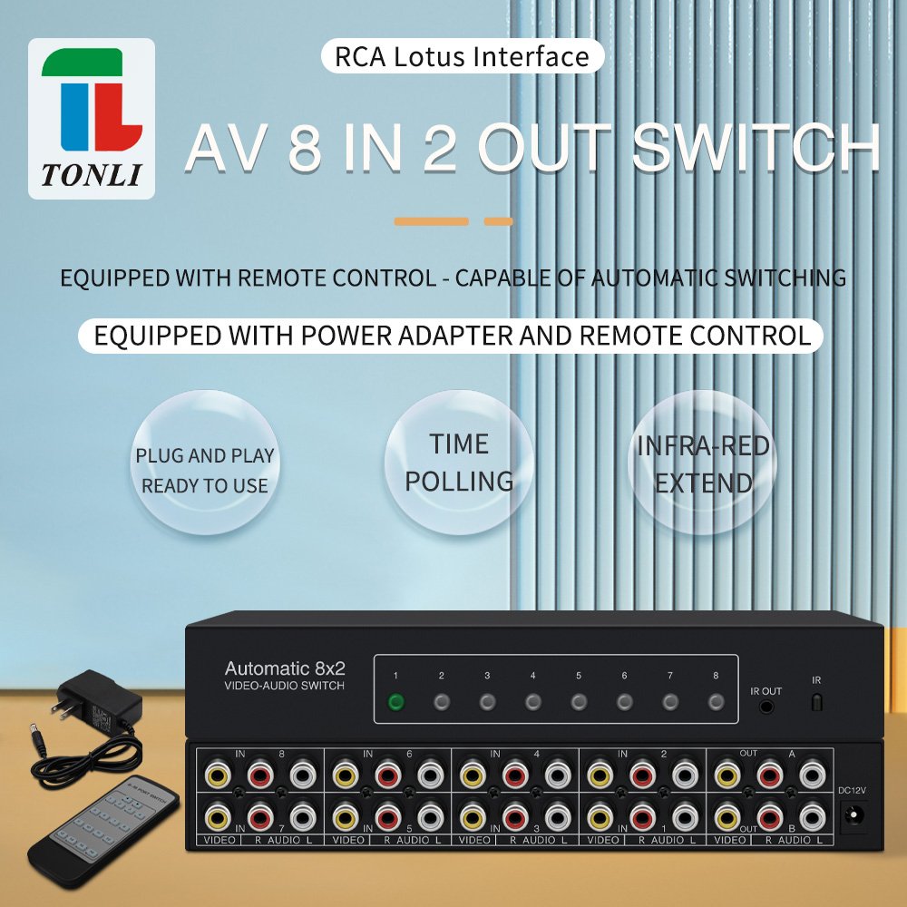 AV Video and Audio Automatic Switcher 8 in 2 Out Remote Control Selection Chip Switch 8port