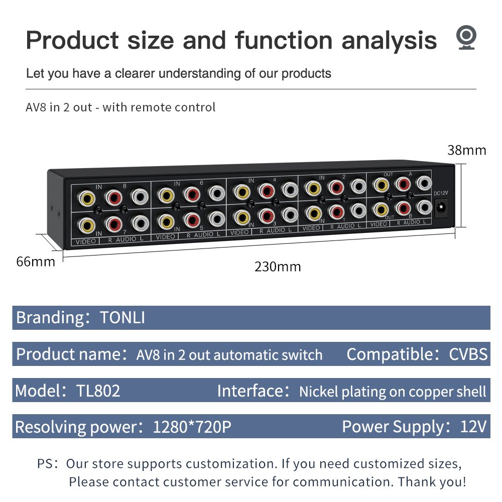 AV Video and Audio Automatic Switcher 8 in 2 Out Remote Control Selection Chip Switch 8port