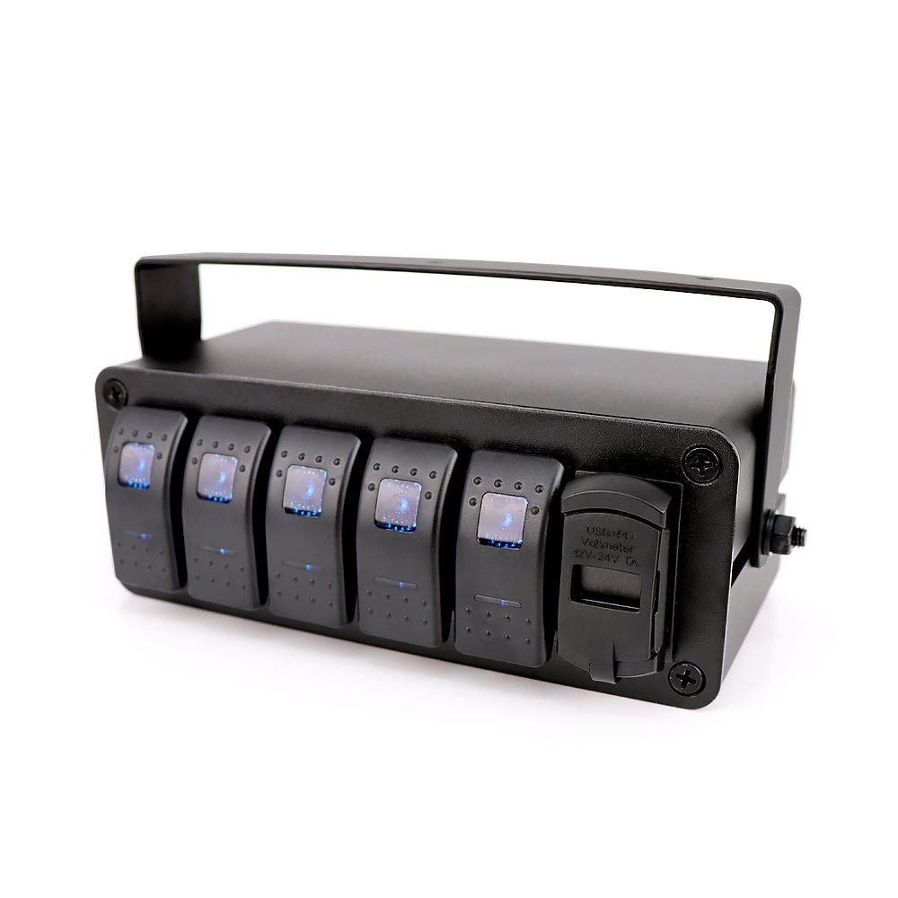 5 Gang Panel Switch 12V Marine Rocker Switch Box LED Aluminum Holder Automotive Switches for Car Boat RV Truck