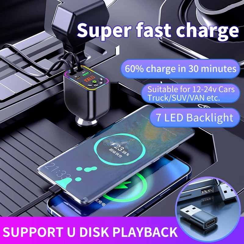 Bluetooth 5.3 FM Transmitter Car Adapter 120W Wireless Radio Music Player Bluetooth Car Kit Hands Free With Retractable Cable