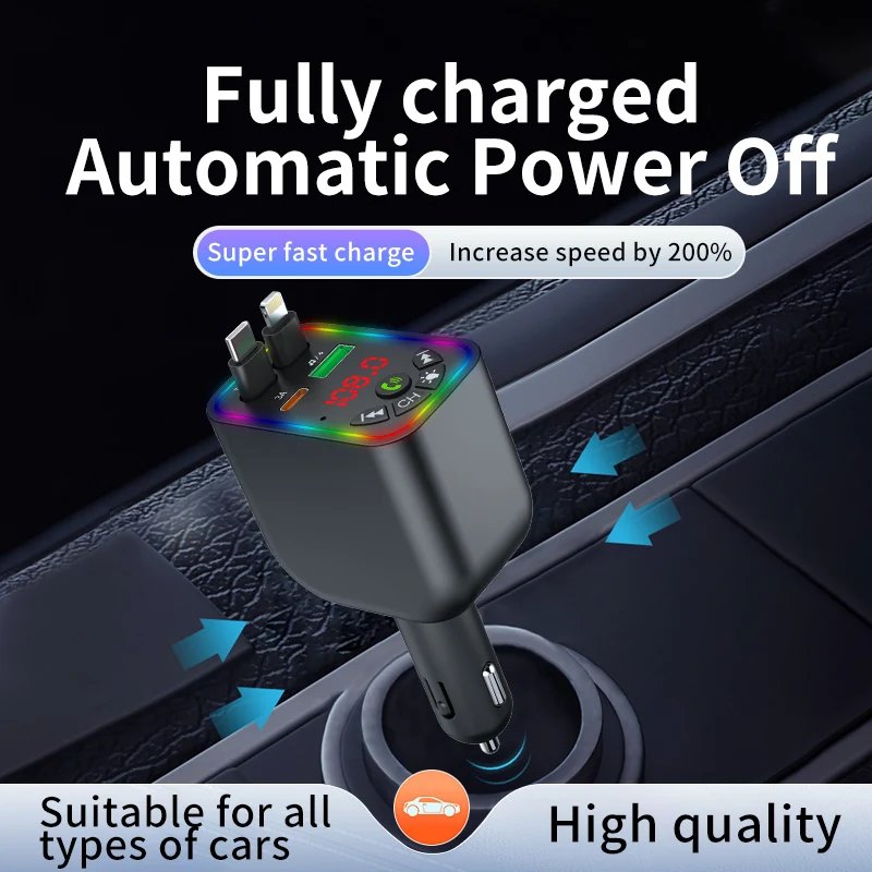 Bluetooth 5.3 FM Transmitter Car Adapter 120W Wireless Radio Music Player Bluetooth Car Kit Hands Free With Retractable Cable