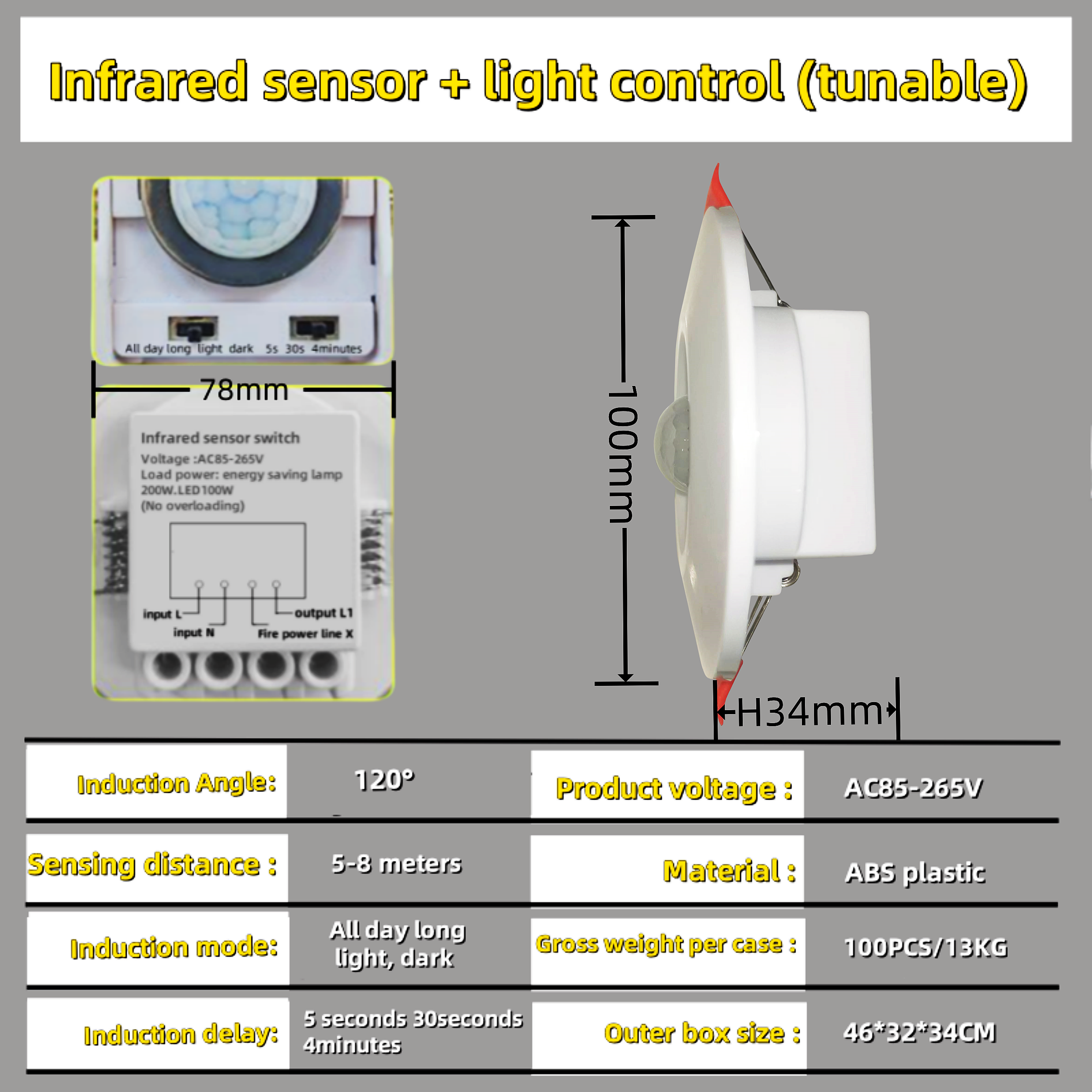 Highly Sensitive Auto ON/OFF PIR Infrared Motion Sensor Switch Time Delay Adjustable Detector Light Switch Inductive Switches