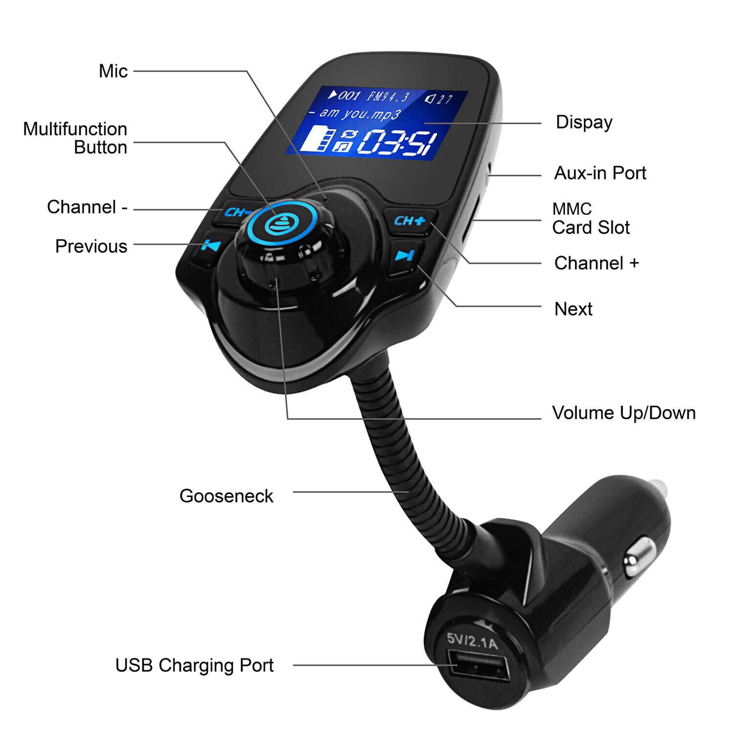 FM Transmitter BT 5.0 Car Kit Handsfree AUX MP3 Music Player Support TF Card Playback 5V 2.1A USB Car Charger