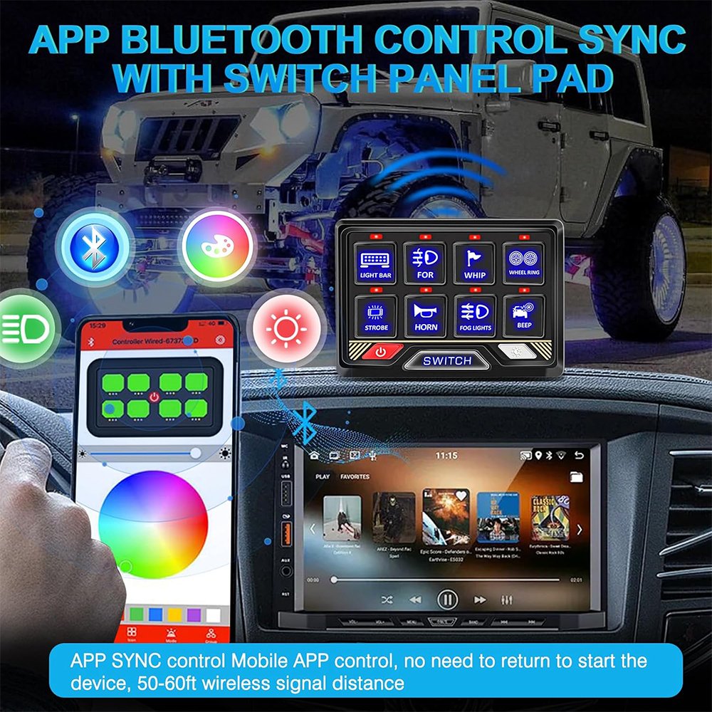 Off Road Switch Panel 8 Gang Waterproof Kit for Jeep Vehicles Bluetooth RGB Auto Switch Panel for Truck SUV ATV