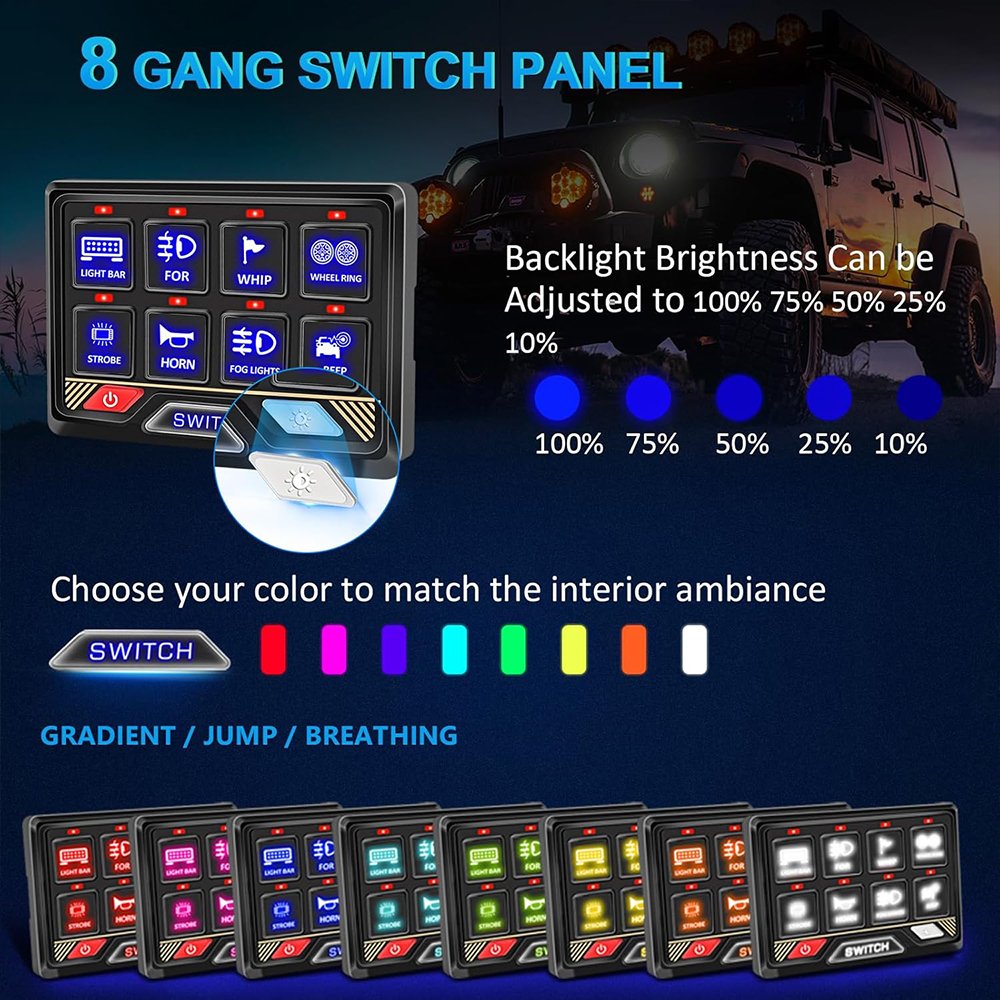 Off Road Switch Panel 8 Gang Waterproof Kit for Jeep Vehicles Bluetooth RGB Auto Switch Panel for Truck SUV ATV