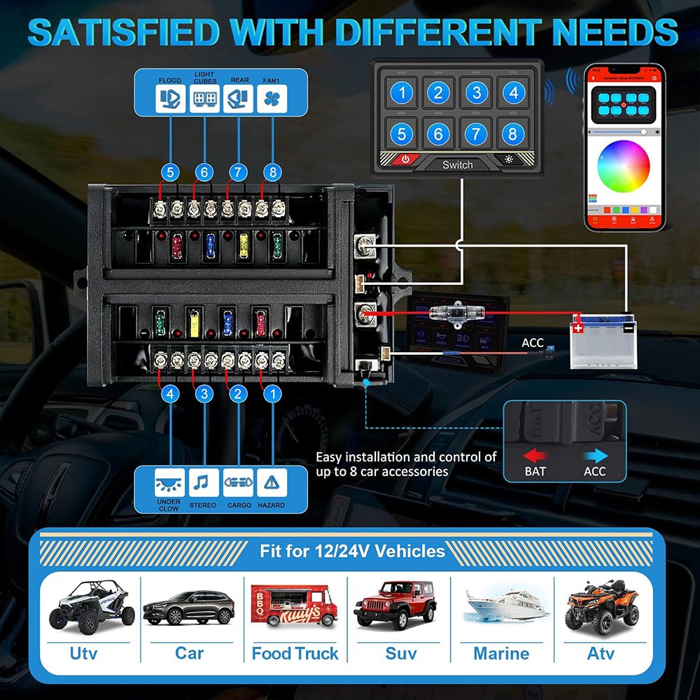 Off Road Switch Panel 8 Gang Waterproof Kit for Jeep Vehicles Bluetooth RGB Auto Switch Panel for Truck SUV ATV