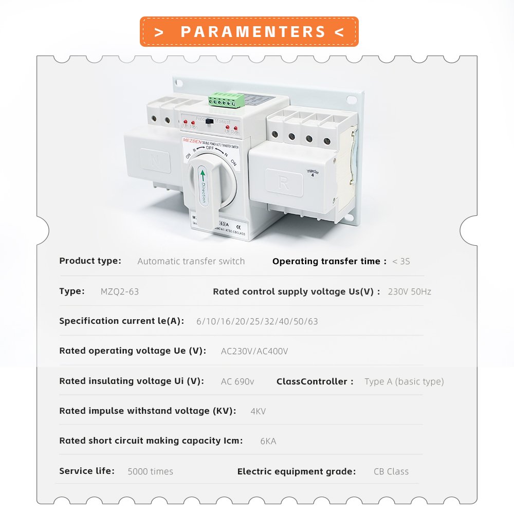 MZQ2 New Model 4 Pole 63A Automatic Transfer Switch 2 3 4 P 100 200 Amp Manual Auto Transfer ATS Switch