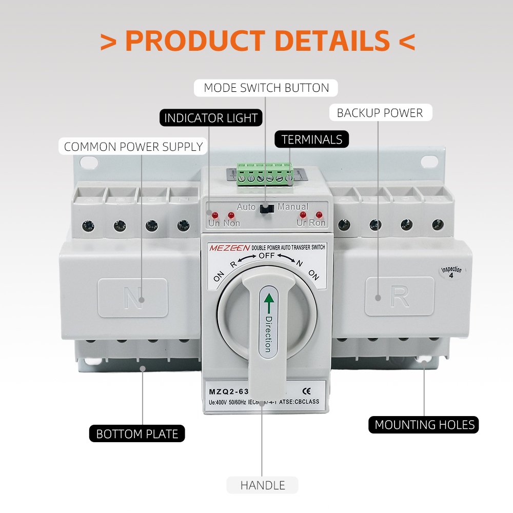 MZQ2 New Model 4 Pole 63A Automatic Transfer Switch 2 3 4 P 100 200 Amp Manual Auto Transfer ATS Switch