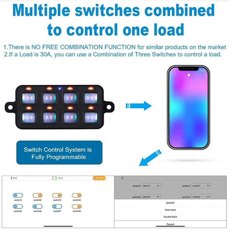 Auto Switch RGB LED 12 - 24V OFF Road Light 8 Gang Switch Panel Control Box with APP for Car Boat Marine