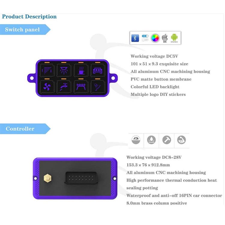 Auto Switch RGB LED 12 - 24V OFF Road Light 8 Gang Switch Panel Control Box with APP for Car Boat Marine