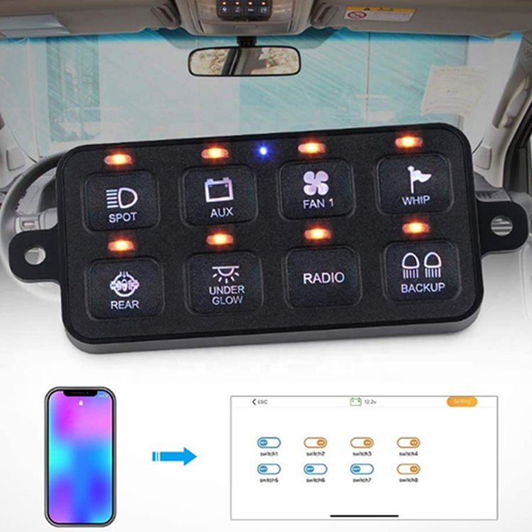 Auto Switch RGB LED 12 - 24V OFF Road Light 8 Gang Switch Panel Control Box with APP for Car Boat Marine