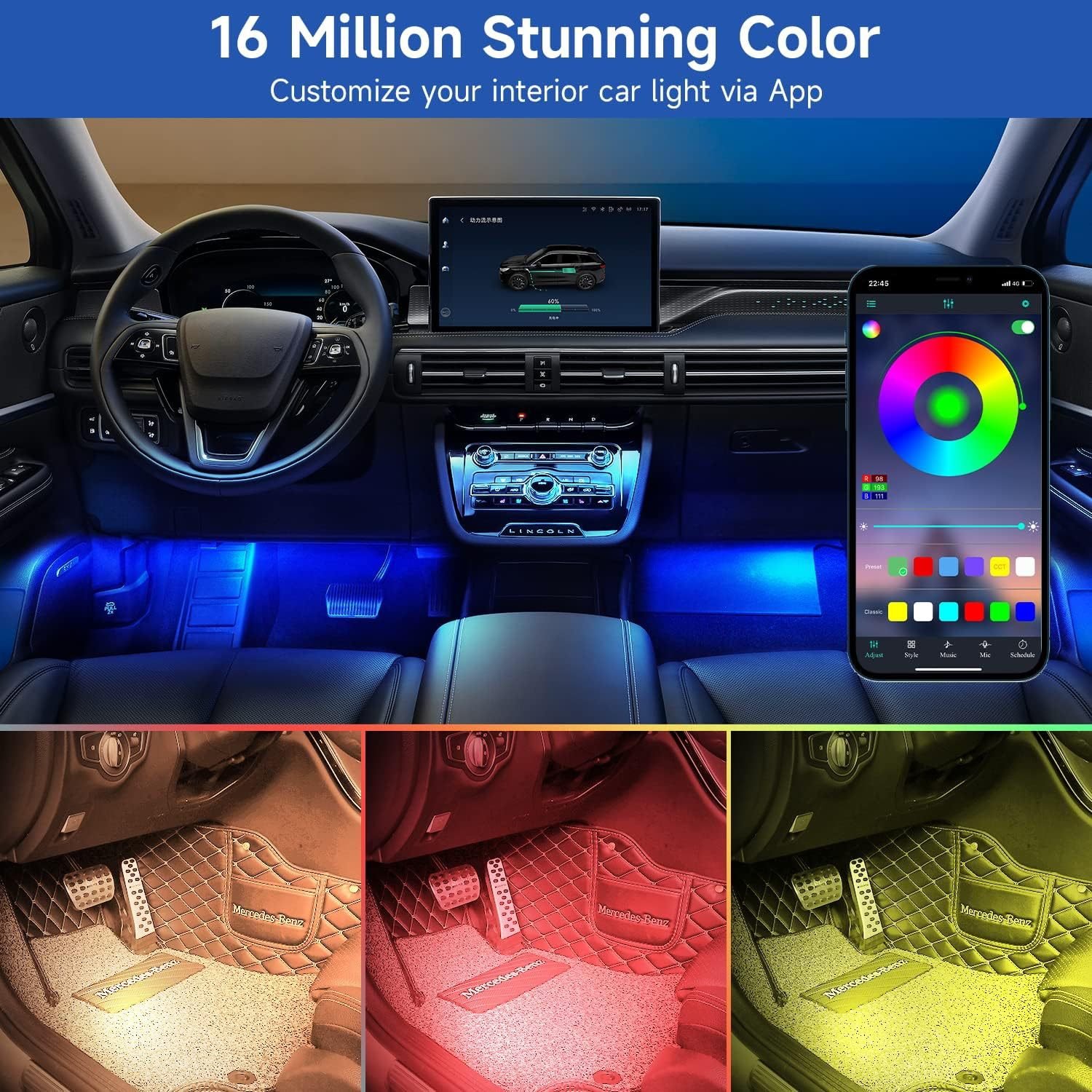 Wireless Remote Control 4pcs 36LED Multi-Color Car Interior Lights Under Dash Lighting Waterproof Kit with Multi-Mode Change