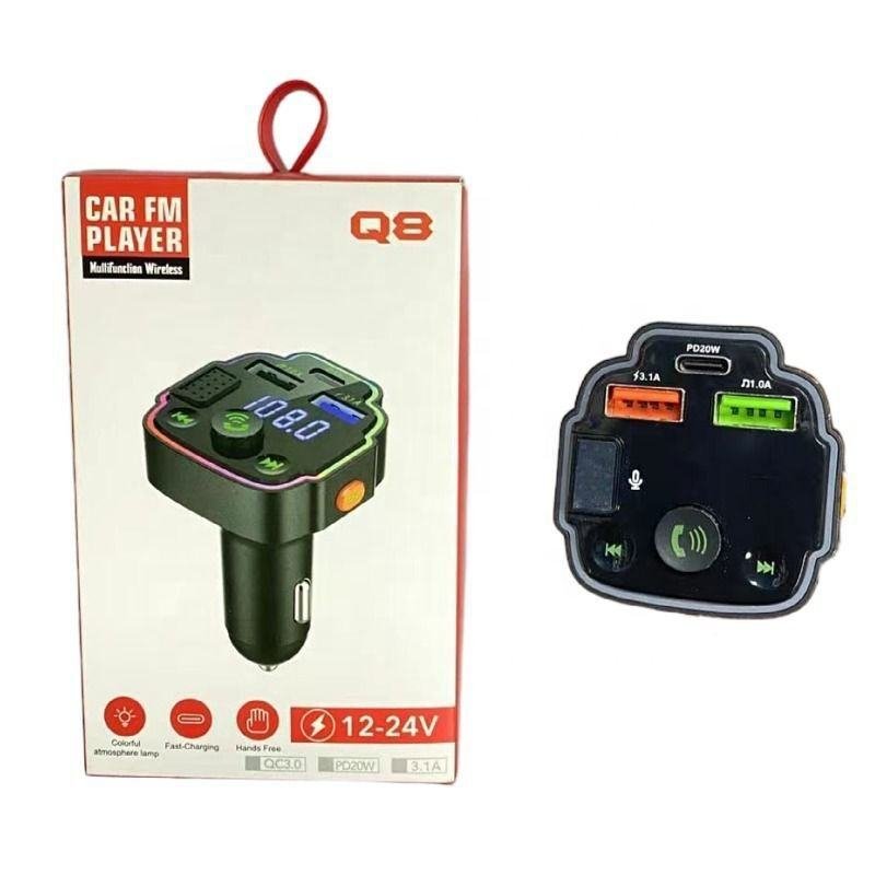 Q8 Car Charger FM Transmitter Car MP3 Player with USB Stereo TF Card Bluetooth Type-C Car Charger & Hands-Free Kit