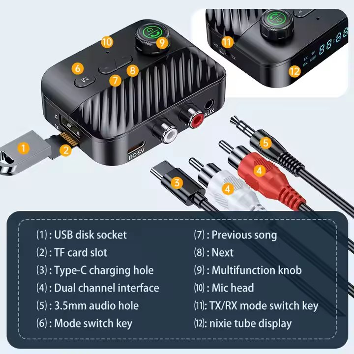 C68 2-in-1 Wireless Bluetooth Audio Transmitter Receiver for 3.5mm Aux Jacks for TV/Gym Equipment