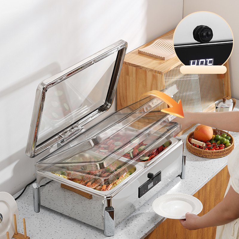 Liyunda New Design Auto Switch Electric Chafing Dish Stainless Steel Buffet Stove Hydraulic Food Warmer with Lid for Wedding