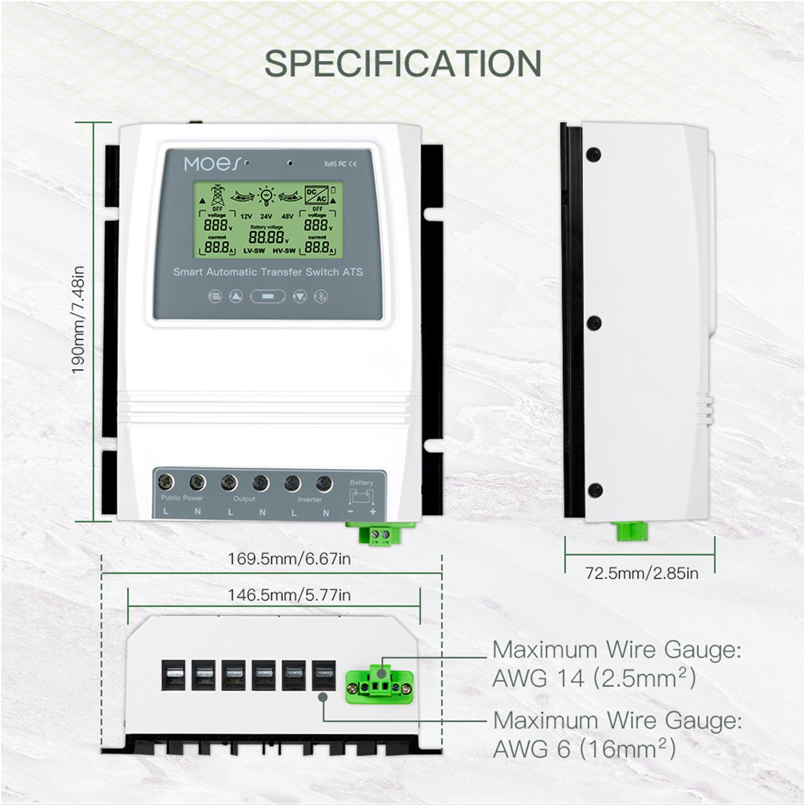 MOES Smart Mobile bluetooth App Control ATS 80A 16KW Automatic Transfer Switch Energy Saving for Off Grid Solar /wind Generator