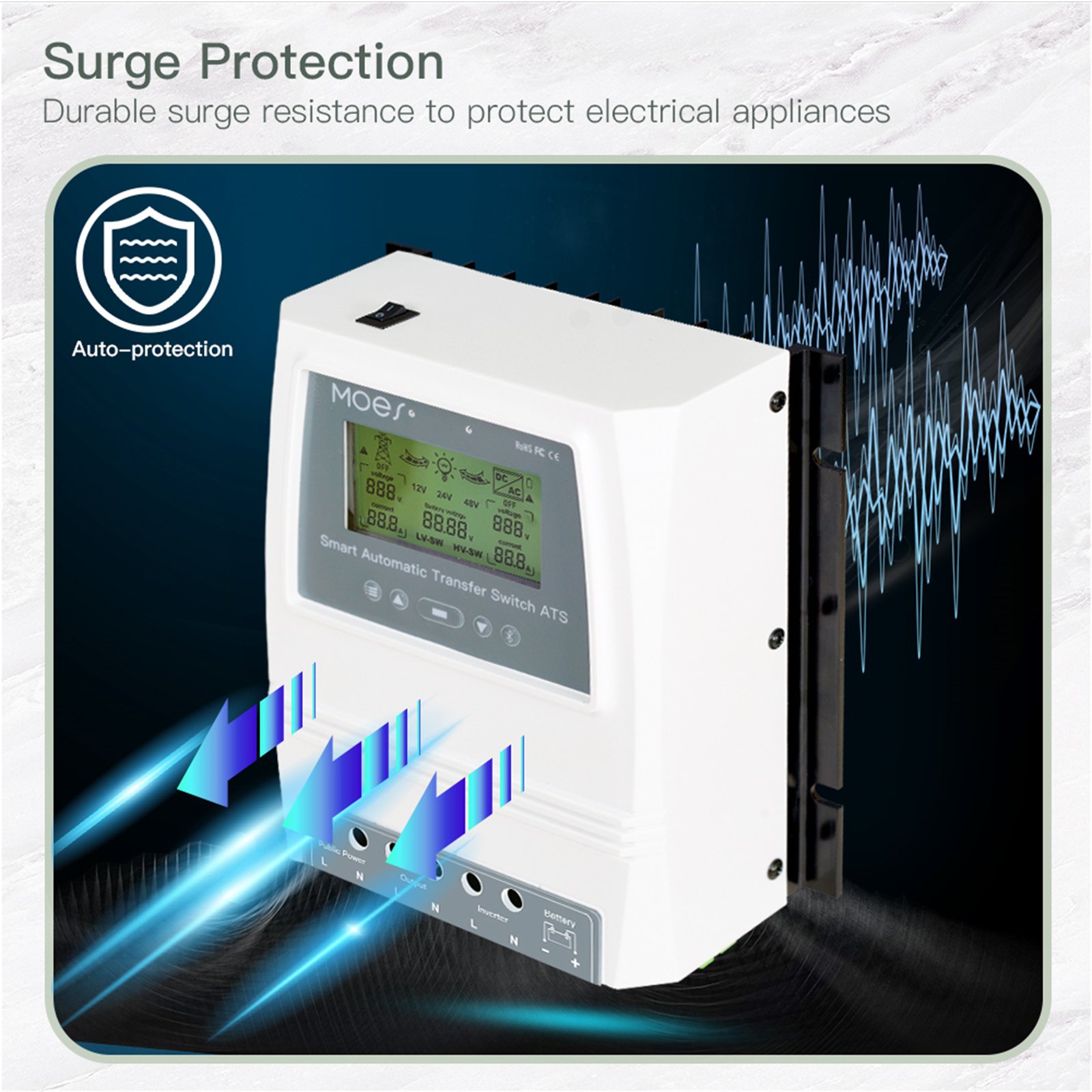 MOES Smart Mobile bluetooth App Control ATS 80A 16KW Automatic Transfer Switch Energy Saving for Off Grid Solar /wind Generator