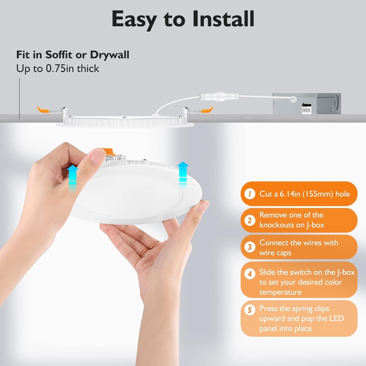 6 Pack 6 Inch LED Recessed Light with Junction Box, 5CCT, Ultra-Thin, 12W, Dimmable Can-Killer Downlight, High Brightness - ETL