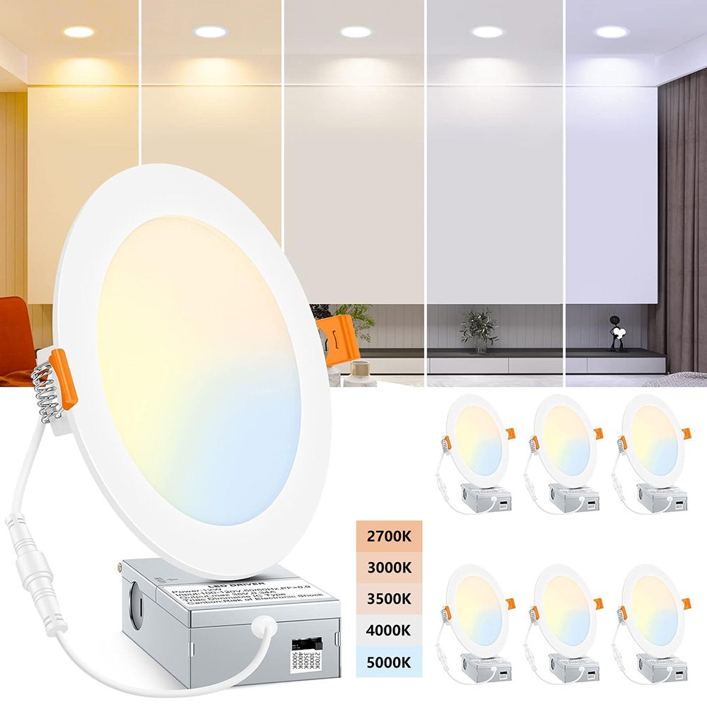 6 Pack 6 Inch LED Recessed Light with Junction Box, 5CCT, Ultra-Thin, 12W, Dimmable Can-Killer Downlight, High Brightness - ETL