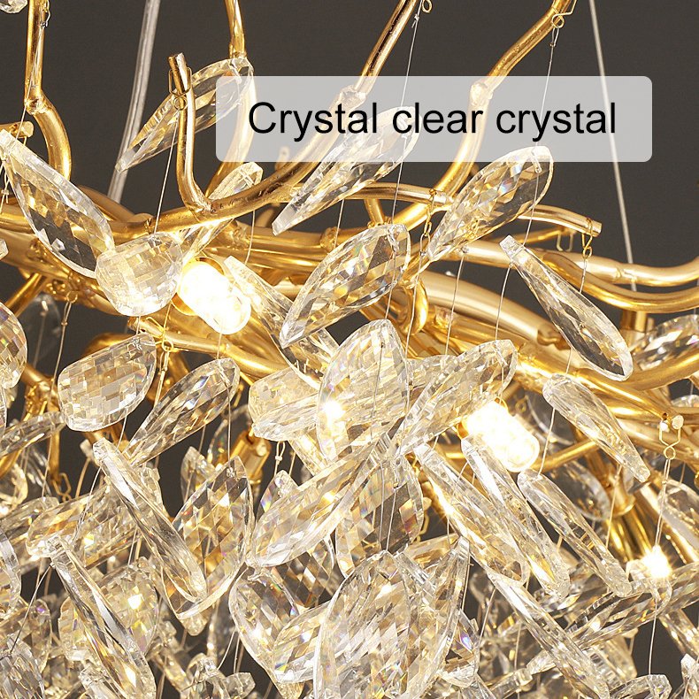 Luxury Metal Crystal Cascade Banquet Hall Art Deco Round Leaf Branch Chandelier Indoor Hanging Lamp Decorative Pendant Light