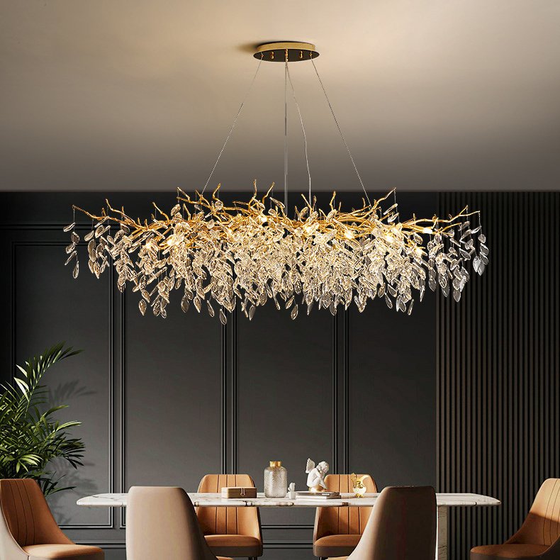 Luxury Metal Crystal Cascade Banquet Hall Art Deco Round Leaf Branch Chandelier Indoor Hanging Lamp Decorative Pendant Light