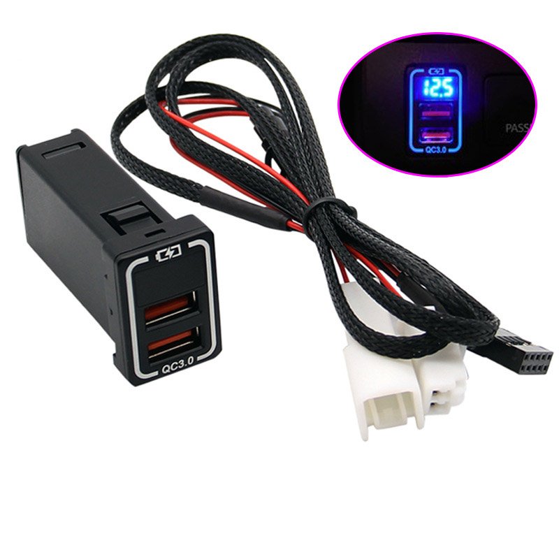 Quick Charge 3.0 Dual USB Port Charger Socket Voltmeter with LED Light for Toyota
