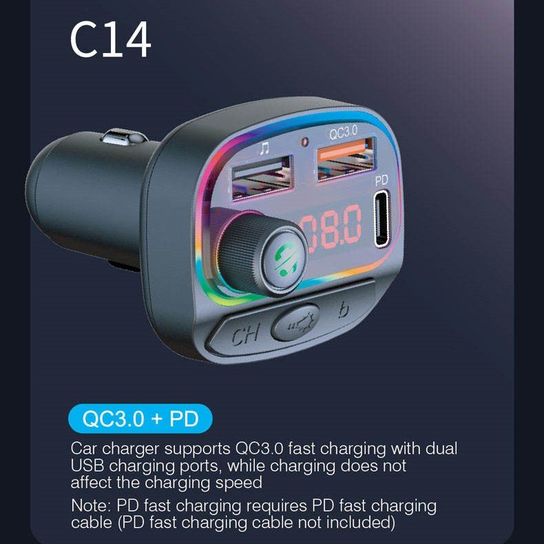 C14 Dual USB Car Charger MP3 Player Music Adapter with Wireless Bluetooth Handsfree Car Kit FM Transmitter 2A Output PD Function