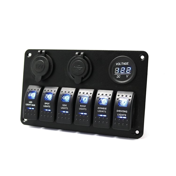 DC 12-24V 6 Gang Laser Engraving Rocker Voltmeter USB Socket Car Panel Switch Kit for for Vehicle Car Truck Boat