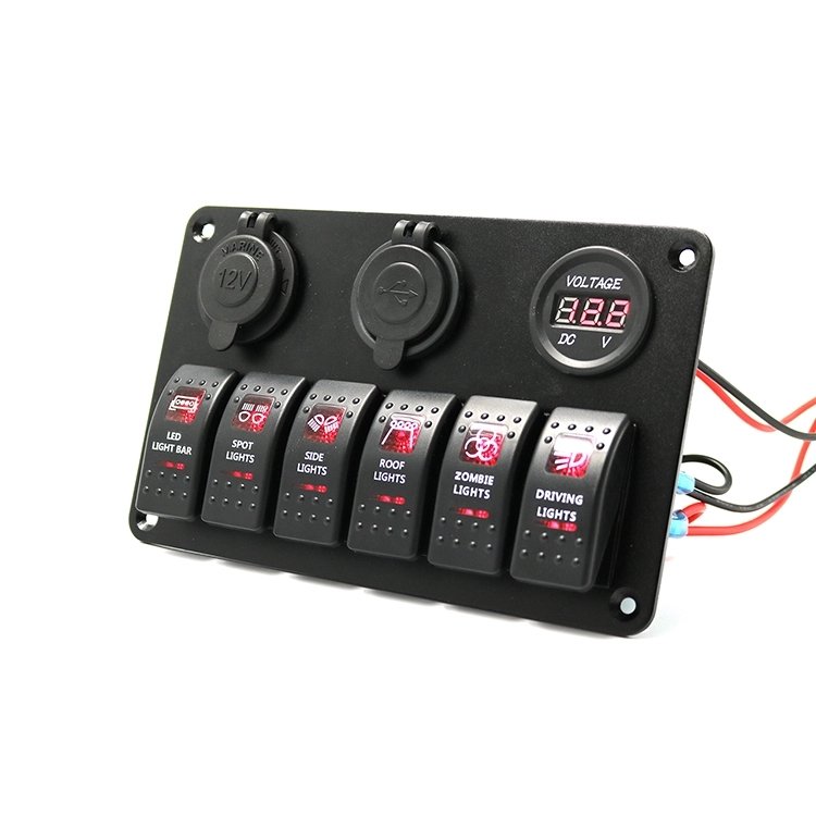 DC 12-24V 6 Gang Laser Engraving Rocker Voltmeter USB Socket Car Panel Switch Kit for for Vehicle Car Truck Boat