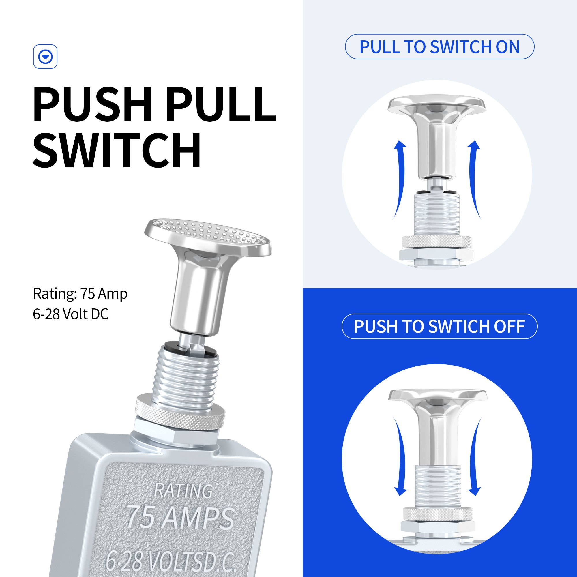75 Amp Auto Toggle Switch Heavy Duty Push Pull Switch 6-28V DC SPST 2 Position 2 Terminals Push Pull on OFF Switch for Car