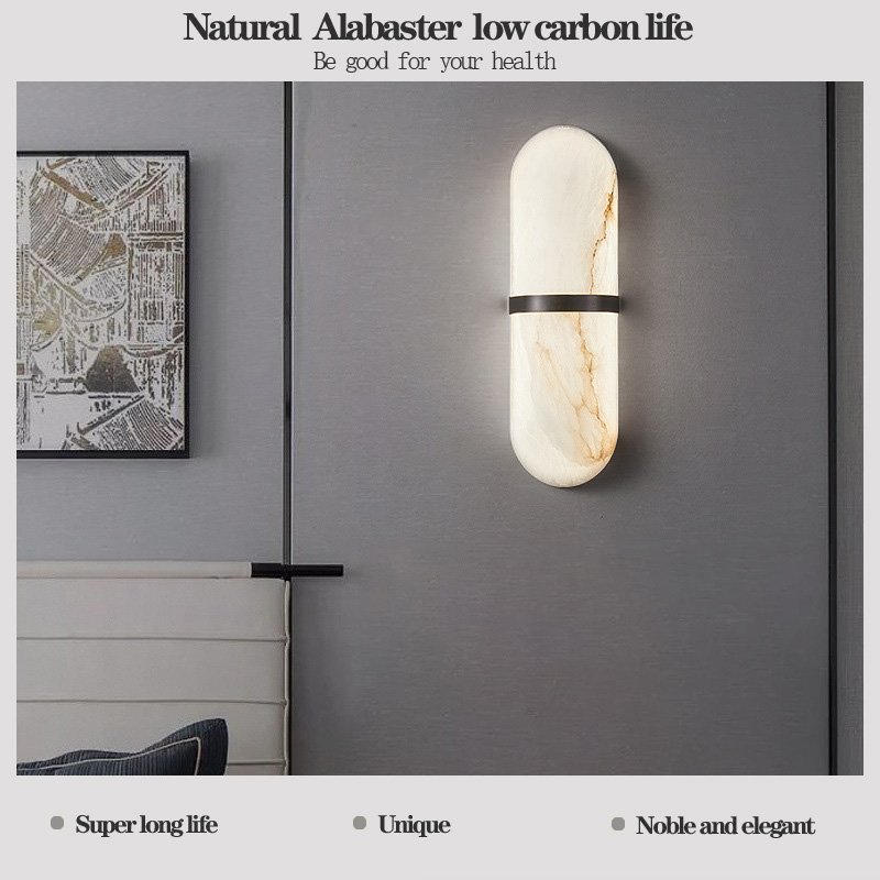 Modern Oval-Shaped Alabaster Wall Lamp LED Natural Stone Shade Brass Body Bedroom Living Room Hotel Indoor Decorative LED Wall