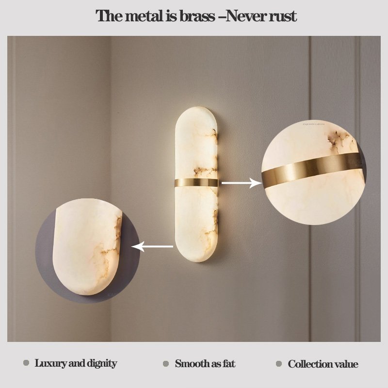 Modern Oval-Shaped Alabaster Wall Lamp LED Natural Stone Shade Brass Body Bedroom Living Room Hotel Indoor Decorative LED Wall